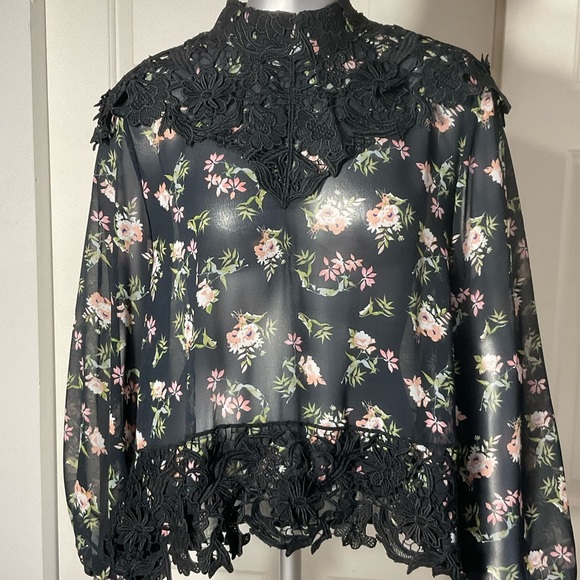 Zara Tops - Zara Woman Premium Denim Collection Sheer Floral Black Lace Trim Blouse Size L